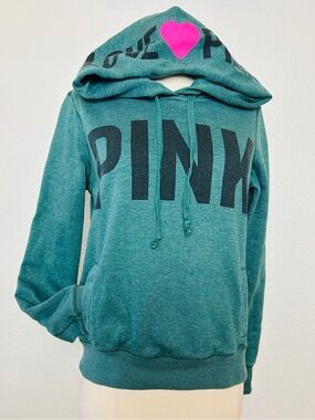 PINK Victorias Secret Sweatshirt Hoodie Women's S/P Green Pullover Love Pink